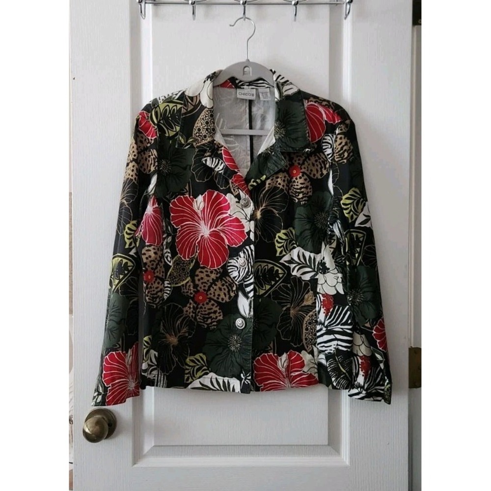 Chico's Women's tropical print jacket floral hibiscus button-up Stretch L (12)